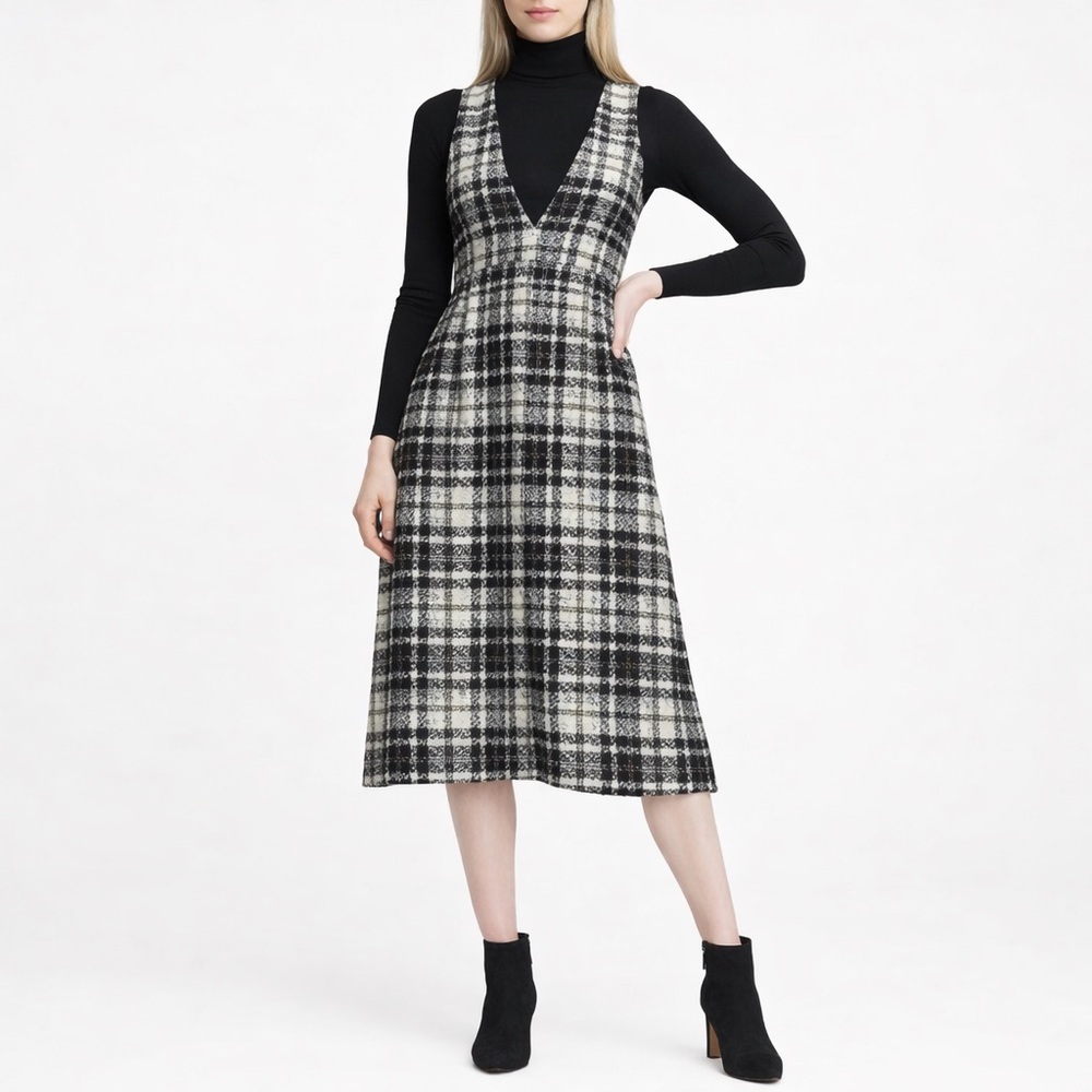 🆕 Banana Republic Italian Tweed Deep V-Neck Pinafore Midi Dress